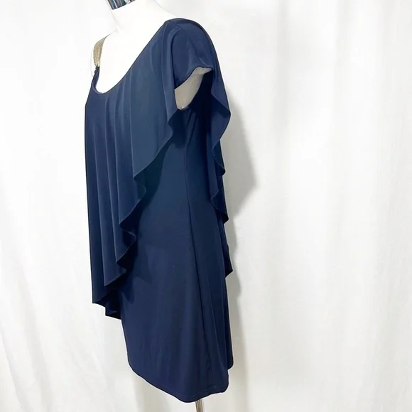 Betsy & Adam Navy Blue Gold Metal Mesh Ruffle One Shoulder Sheath Dress 4 NWT - Picture 4 of 13